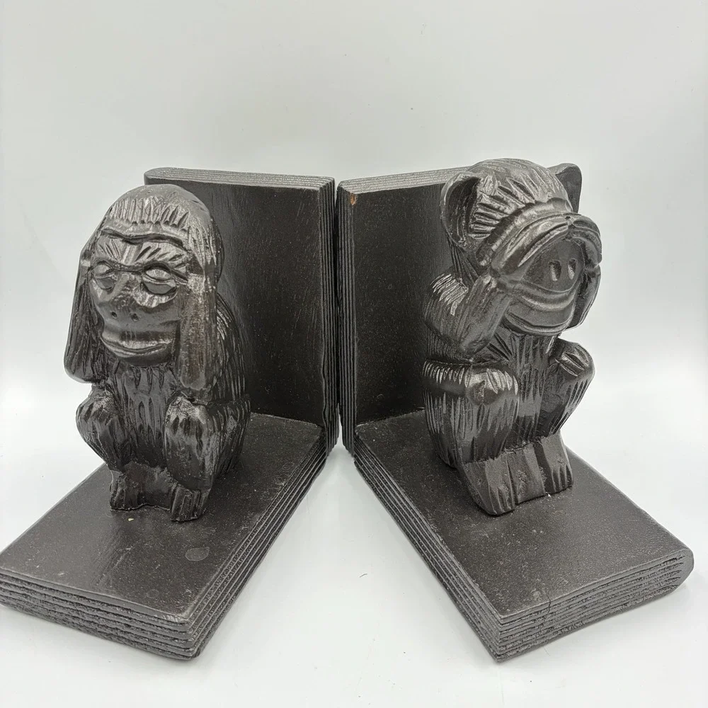 VTG Decorative See No Evil Hear No Evil Monkey Bookend Pair Carved ‎ Rustic MCM